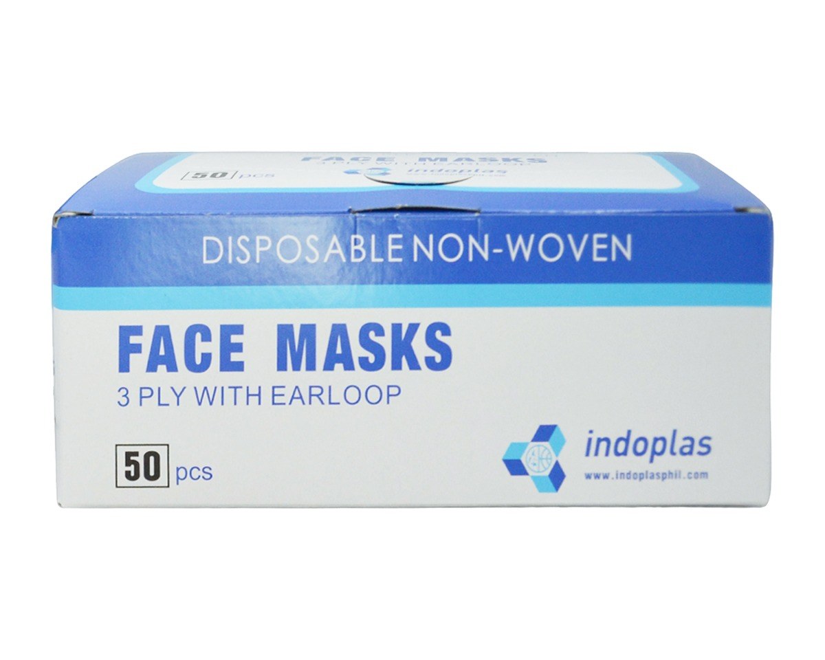 Indoplas disposable face masks, 3-ply with earloop, box of 50